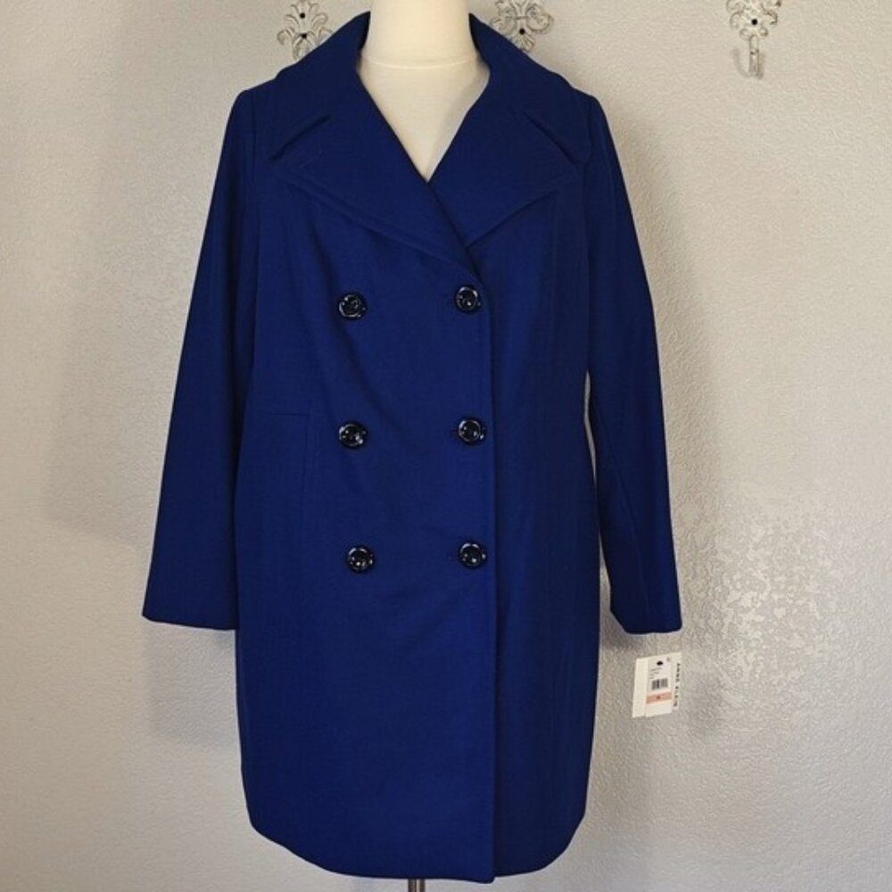 Anne Klein 2X Double-Breasted Peacoat Wool Blend Navy Blue - Picture 2 of 7